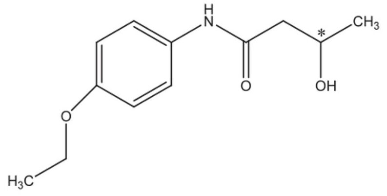 Chemical structure of bucetin. The asterisk indicates the chiral center.