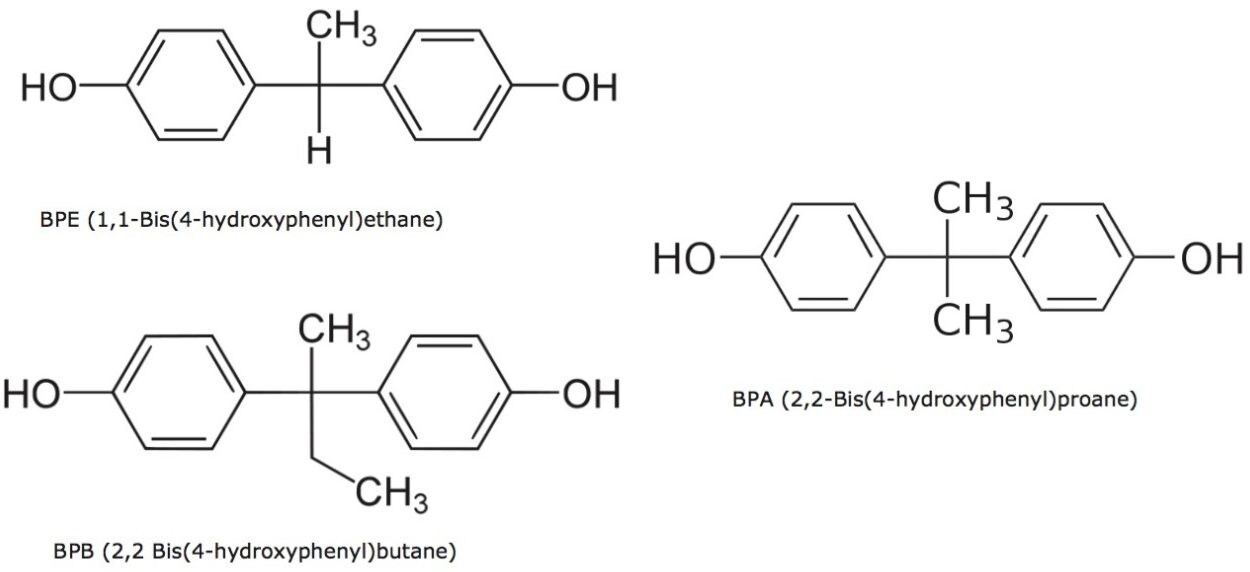 Chemical structure of Bisphenol A, B, and E.