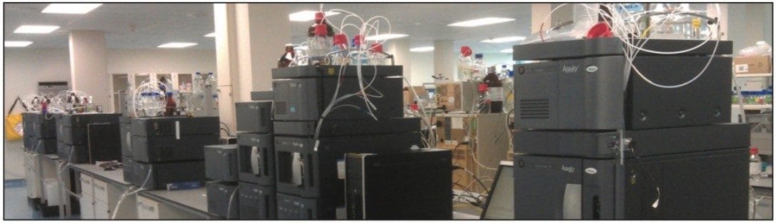 A bank of Waters ACQUITY UPLC Systems in NIBRT’s analytical laboratory