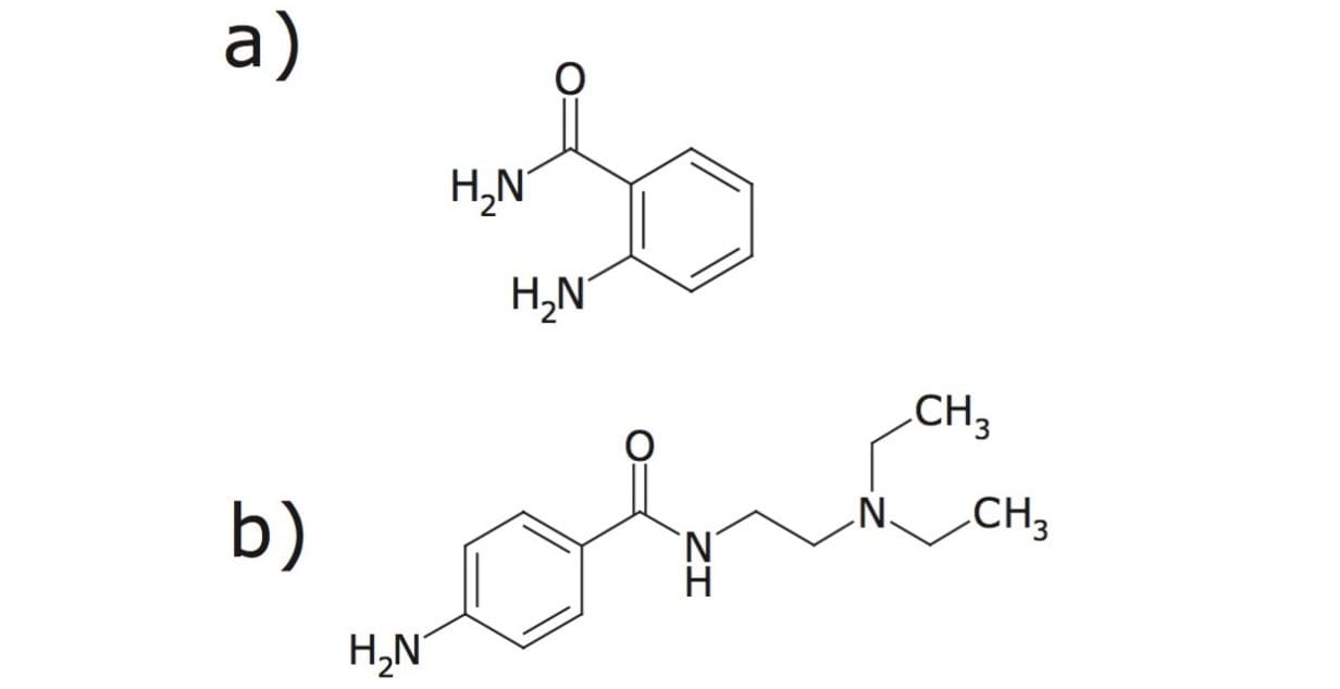 a) 2-aminobenzamide (2-AB), b) procainamide fluorescent tags. Monoisotopic mass increase compared to native glycan are 120.069 Da and 219.173 Da, respectively.