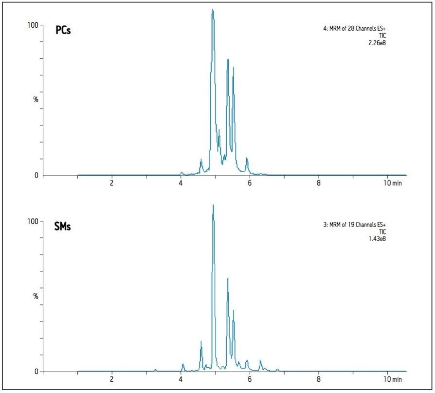 Summed MRM transitions for 28 PCs and all 19 SMs as observed by RP-UPLC