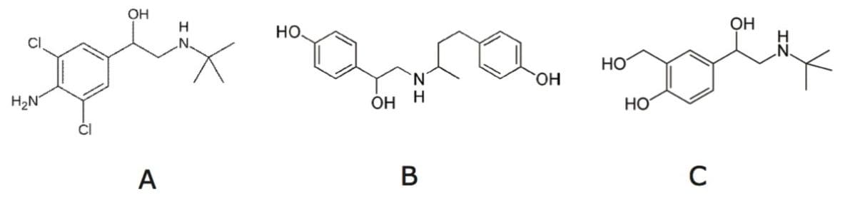 Structures of 1A) clenbuterol, 1B) ractopamine, and 1C) salbutamol.