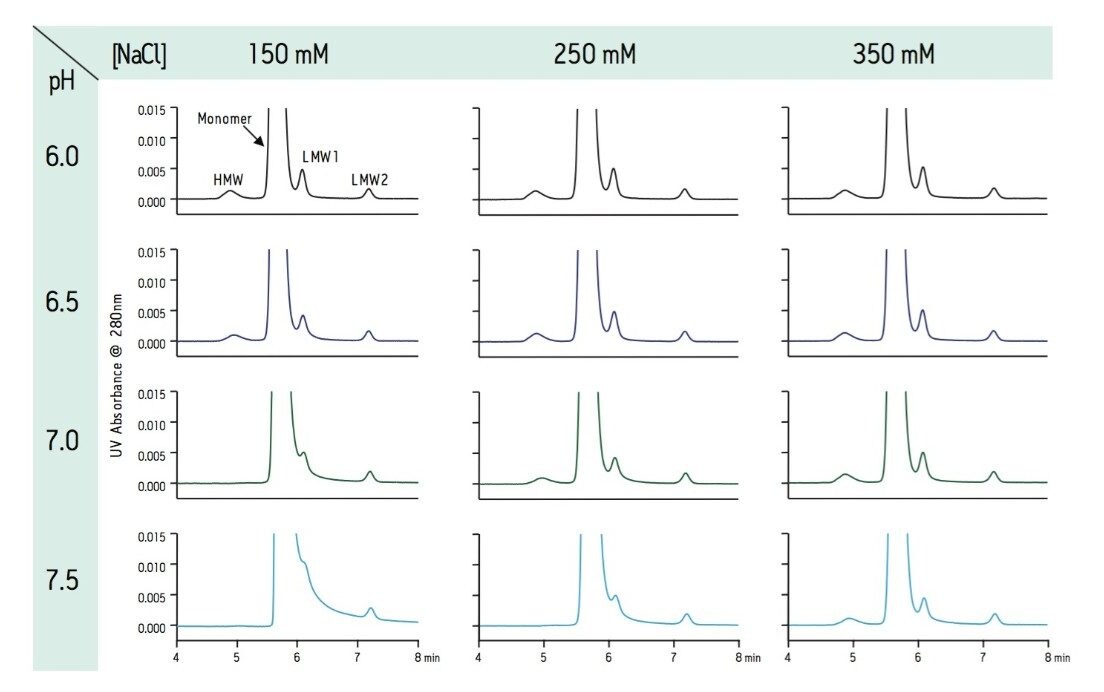 Expanded view chromatograms demonstrating the effect of pH and ionic strength on SEC separation of trastuzumab on an ACQUITY BEH200 (4.6 mm x 300 mm) column.