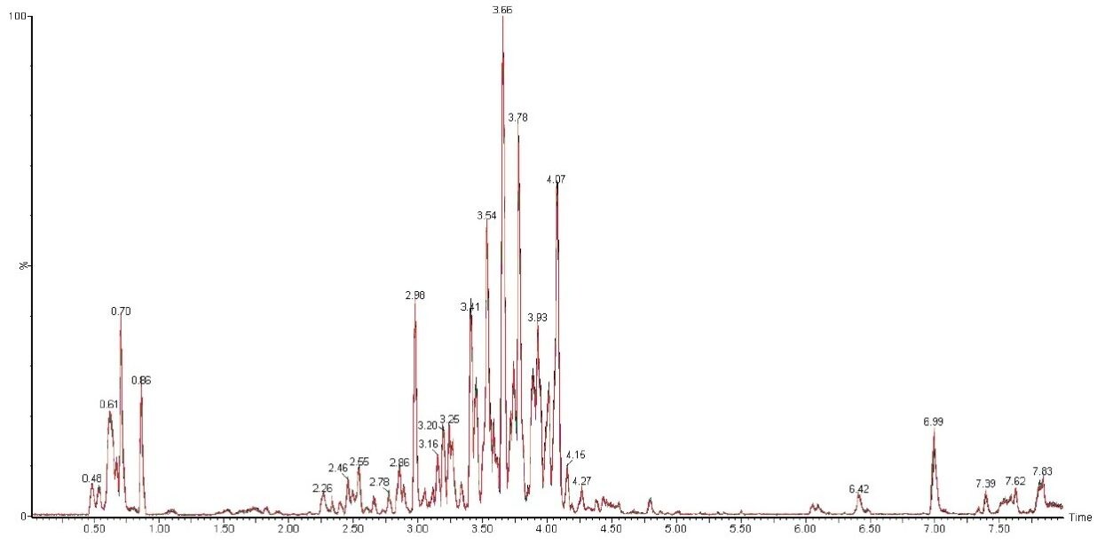 Overlay BPI chromatograms of extracted Ficus sample (six injections).