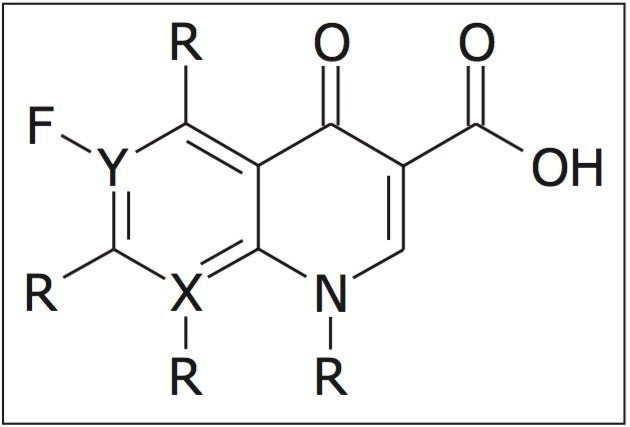 The general structure of the fluoroquinolone class of antimicrobial compounds