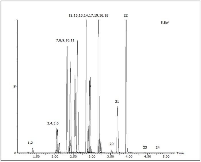 Chromatogram of a urine calibrator spiked at 25 ng/mL