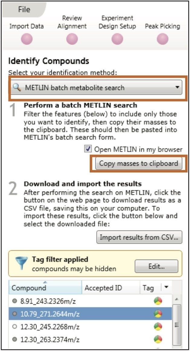 Highlighted areas show the ease of batch submission for markers of interest to an external (METLIN) database.