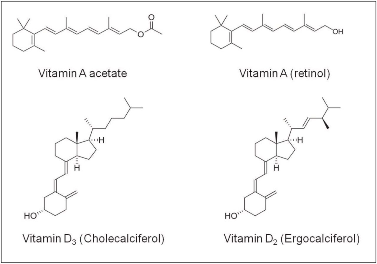 Structures of retinyl acetate, retinol, cholecalciferol, and ergocalciferol