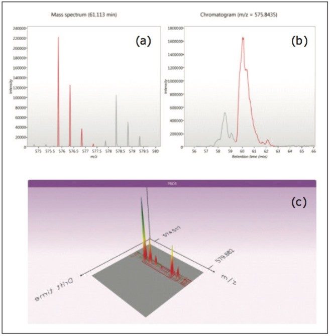 the detection of a dimethyl-labeled peptide pair showing a massspectrum 