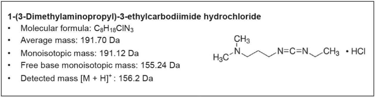 Chemical information and structure of 1-(3-dimethylaminopropyl)-3 ethylcarbodiimide hydrochloride.