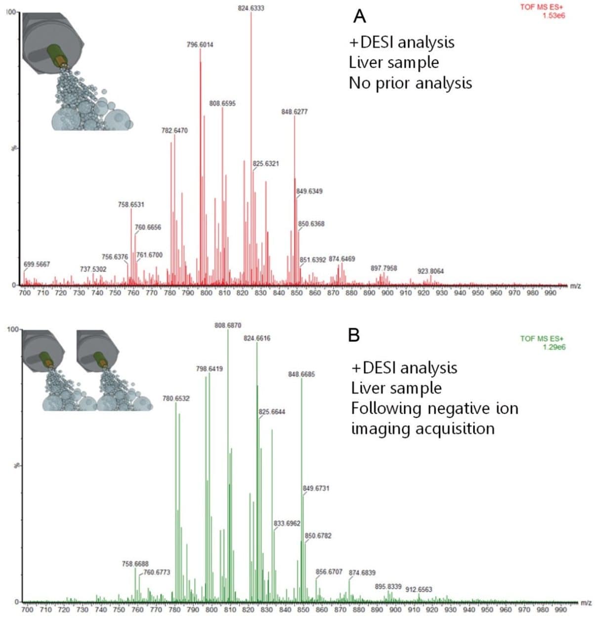 Combined positive mode mass spectra from similar regions of serial porcine liver sections