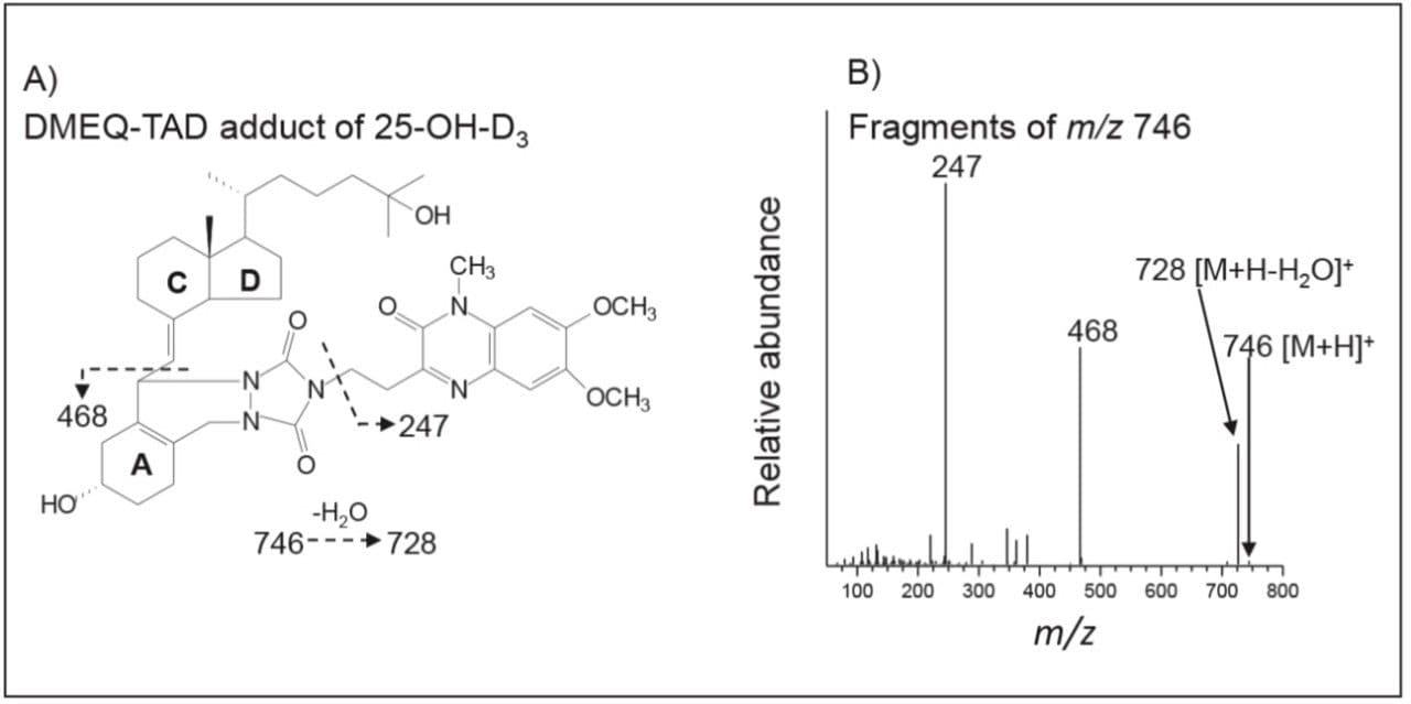  Proposed fragmentation pattern of 25(OH)D3 derivatized with DMEQ TAD.