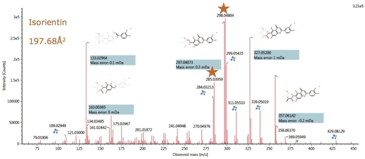 Ion mobility resolved product ion spectrum for isoorientin (chromatographically coeluting with orientin) determined to be present in Passiflora caerulea.
