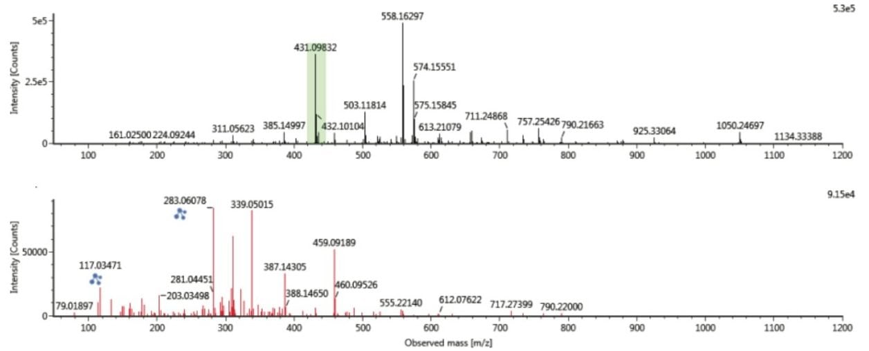 Conventional multi-component precursor and fragment ion spectra for peak vitexin (m/z 431) generated at retention time 8.395 mins.