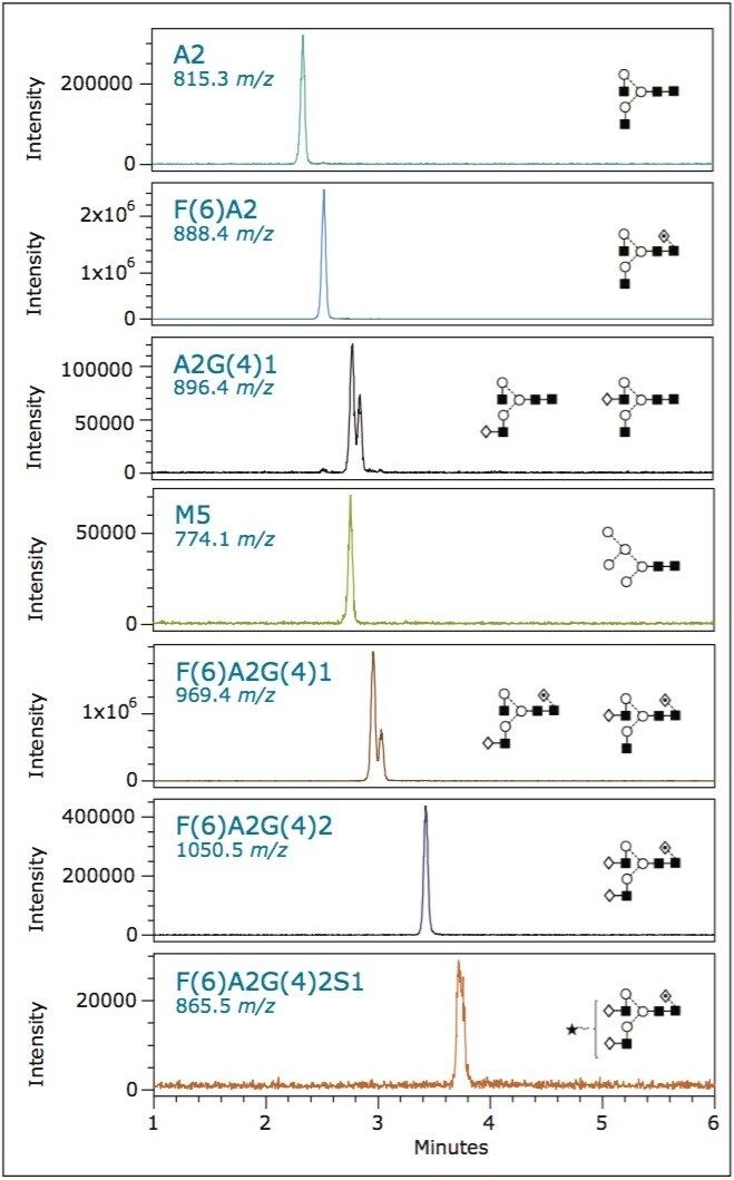 Selected ion chromatograms for N-Glycan species separated using high throughput method