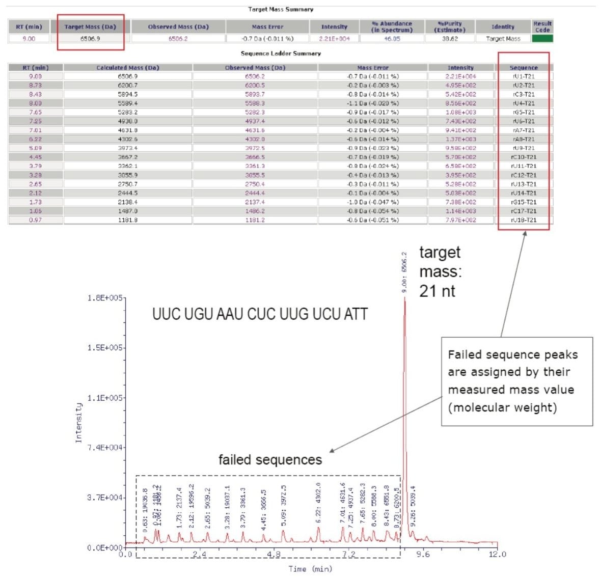 ProMass (for MassLynx) results visualized in browser as tables, chromatograms, and MS spectra. SYNAPT HDMS results for 21 nt siRNA oligonucleotide.