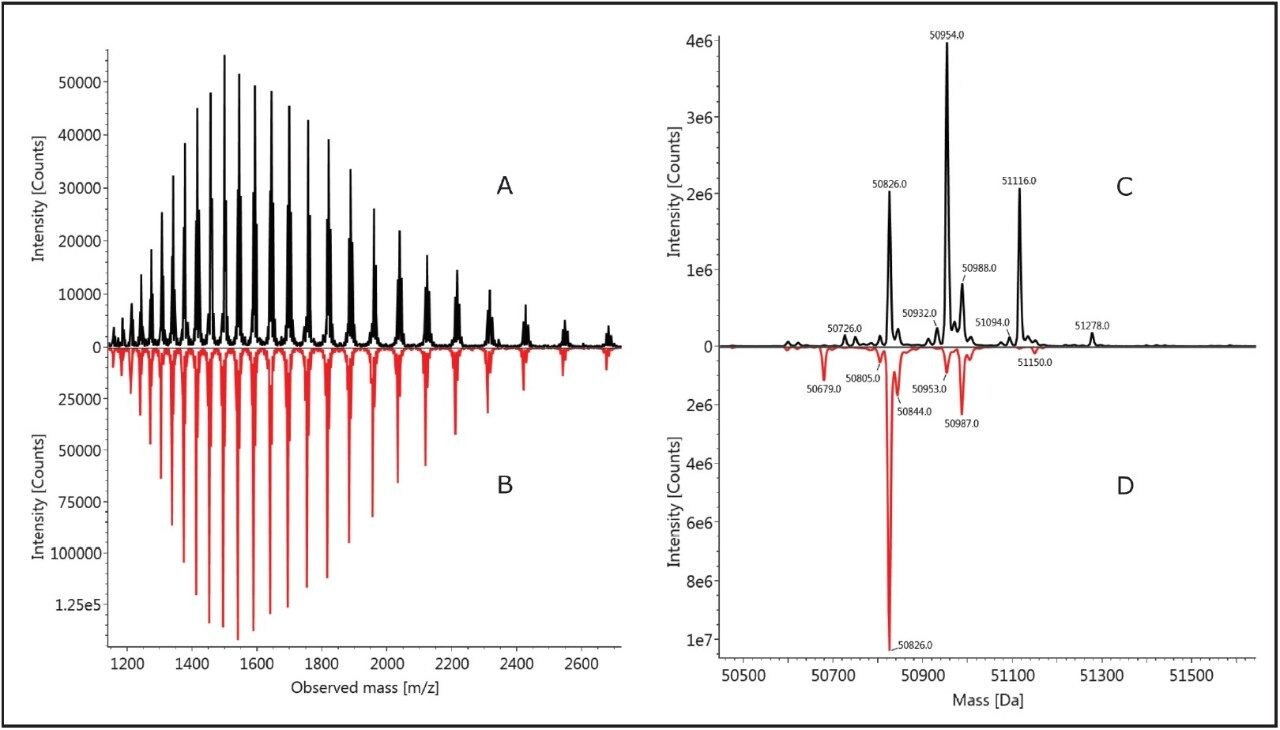 The combined raw MS spectra mirror image comparison