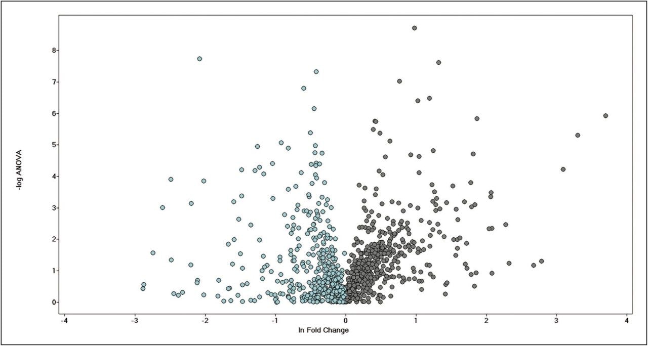 A representative volcano plot of the entire data set signifying statistically relevant proteins
