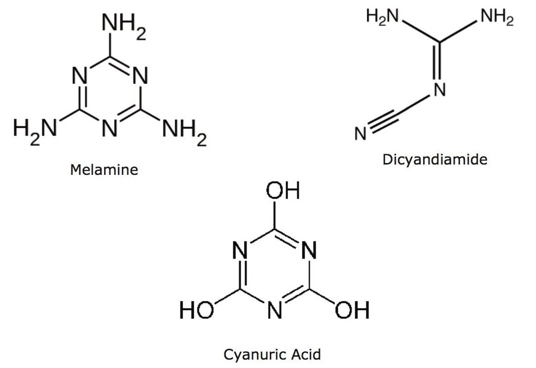 Sructures of melamine, cyanuric acid, and dicyandiamide.