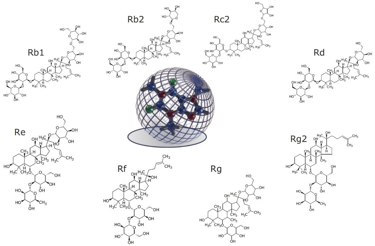 Illustration of rotating three-dimensional conformation of an ion and average collision cross section (CCS) (shadow). Structures of the ginsenosides profiled using microflow UPLC ion mobility mass spectrometry and CCS screening.