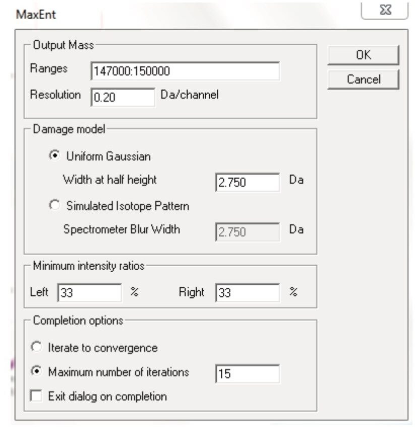 Recommended MaxEnt1 parameter settings were used to deconvolute combined raw spectrum in MassLynx (similar settings can be used in UNIFI Software).
