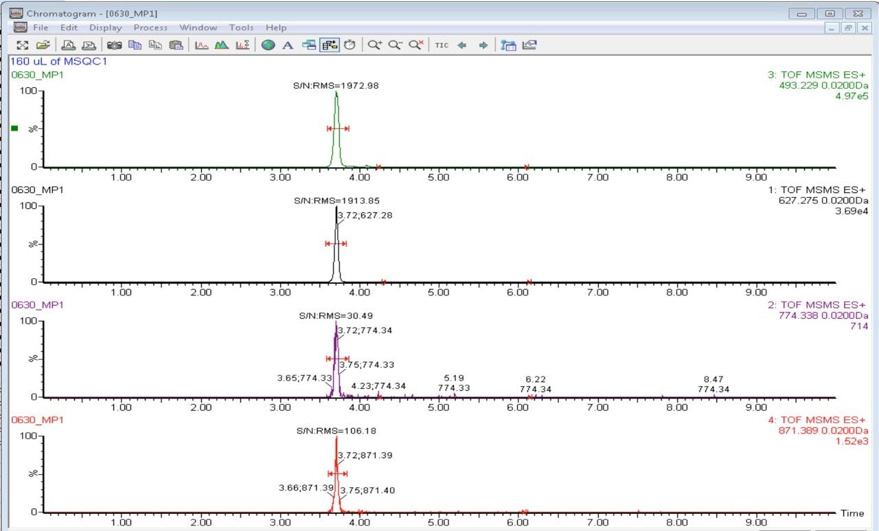 Overlaid extracted ion chromatograms for peptide 1 scouting results from the four transitions.