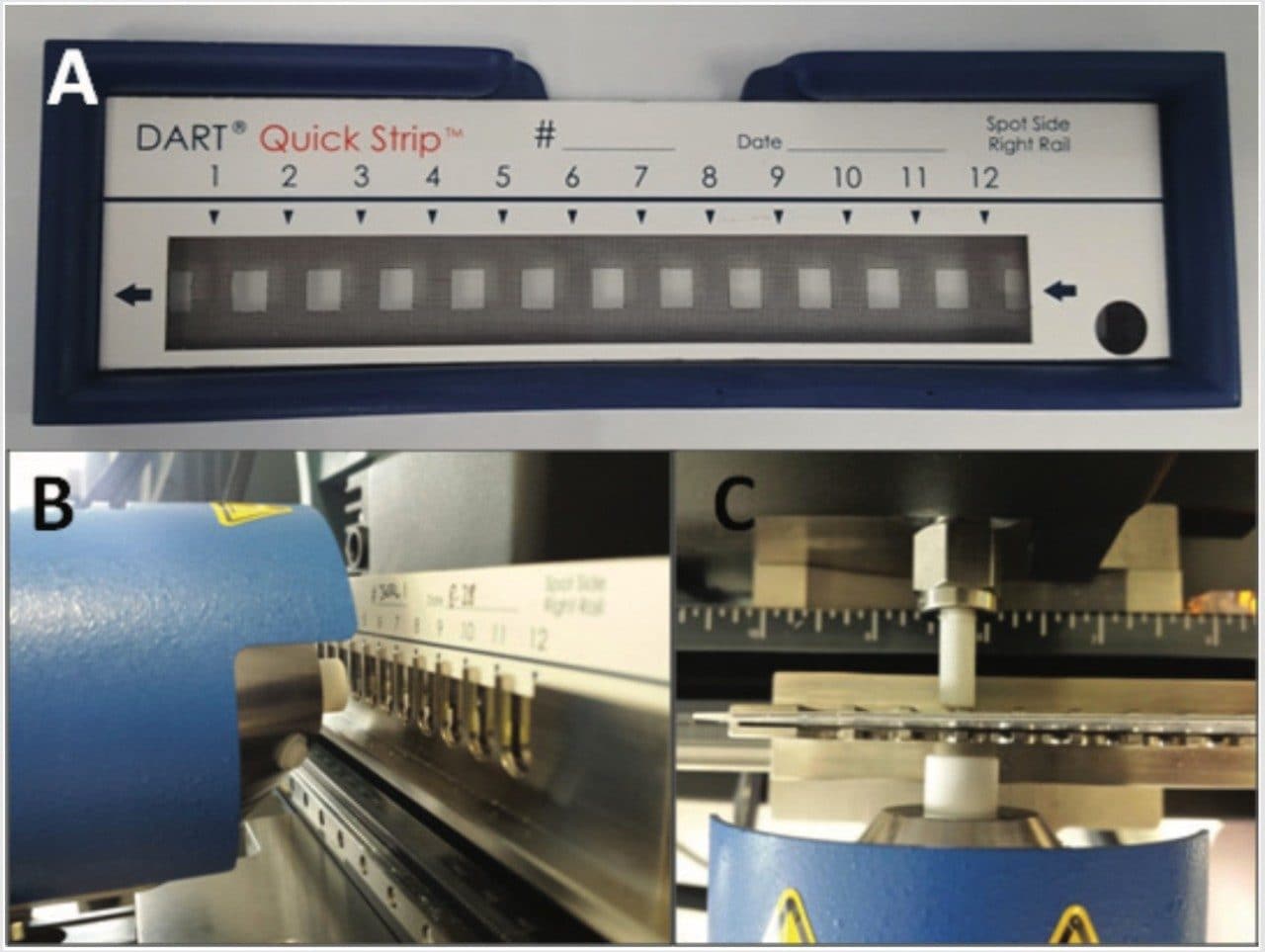 Figure 1. A. 12 spot QuickStrip card used for sampling; B. QuickStrip card automatically being moved into the heated helium ionization beam; and C. Ceramic tube pulling ions into the ACQUITY QDa source (top down look at the DART source).