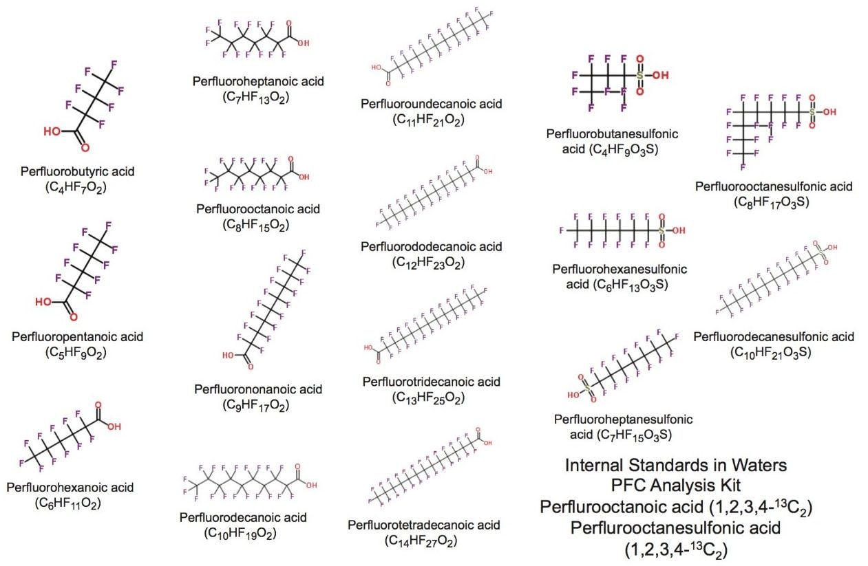 Various carbon chain length PFASs commonly monitored in the environment, with carboxylic or sulfonic anionic end groups.