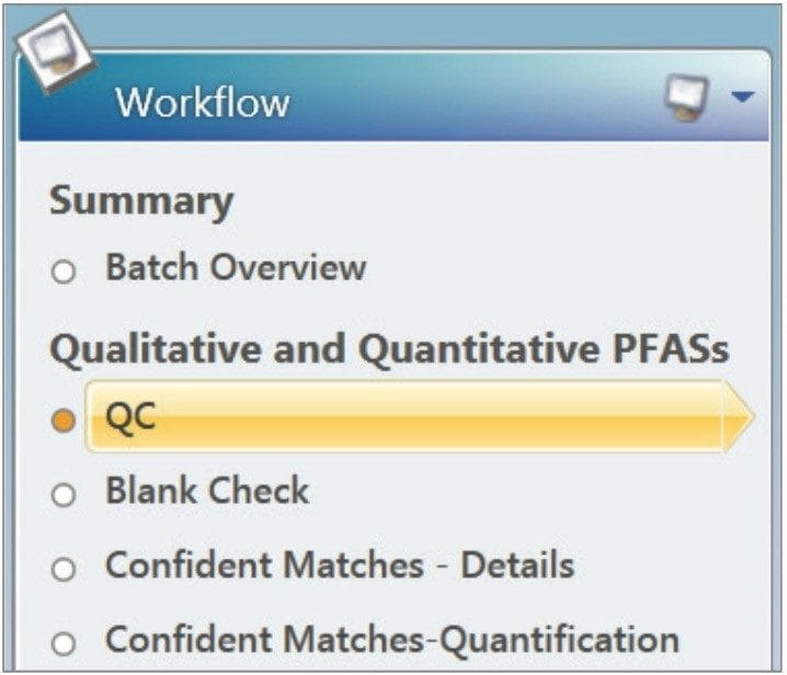Figure 8. User-created workflow steps for this analysis. The quantification step (step 4) specifies the sample type viewed, and the information for that sample step such as linearity (R2) of calibration curve, calculated concentration in the sample, and product ions found in the high energy spectrum for the sample. Workflow steps are a streamlined and efficient way of reviewing HRMS data.