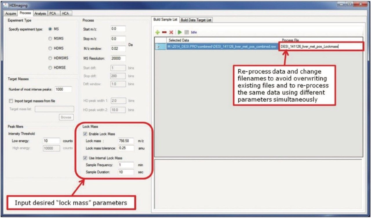 HDI process tab showing two datasets of differing modalities loaded for batch processing – in this case, positive and negative DESI datasets. Highlighted in this example is the internal lock mass function, which can also be applied within HDI.