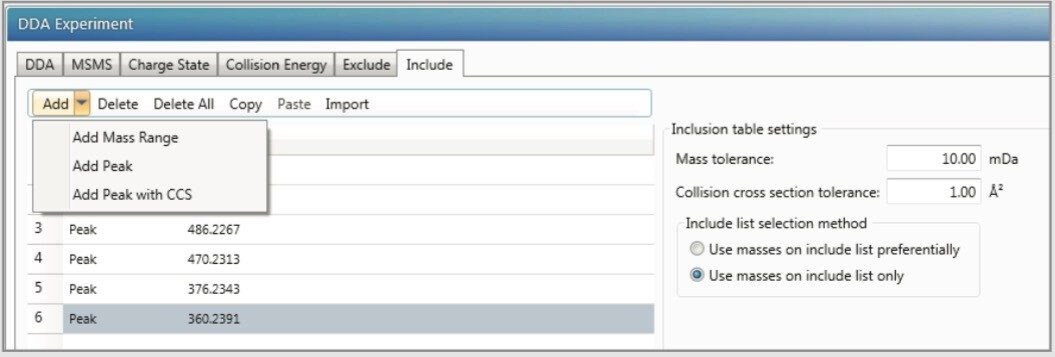 DDA set up tab with include list option.
