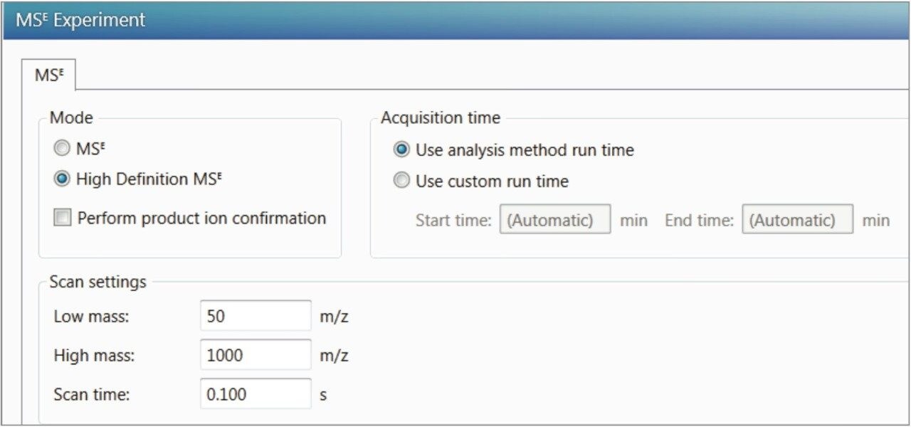 Figure 4. Setting HDMSE mode of acquisition for collecting CCS Library information.