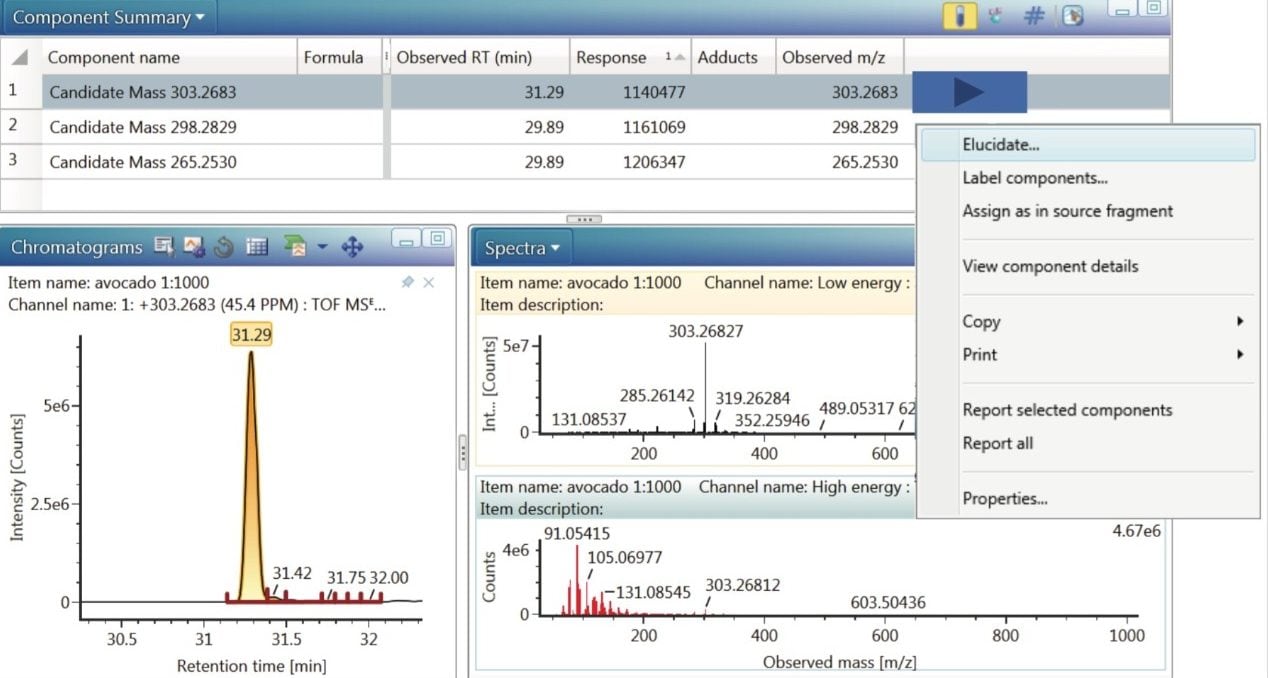 Candidate mass at 303.2683 m/z as it appears prior to structural elucidation