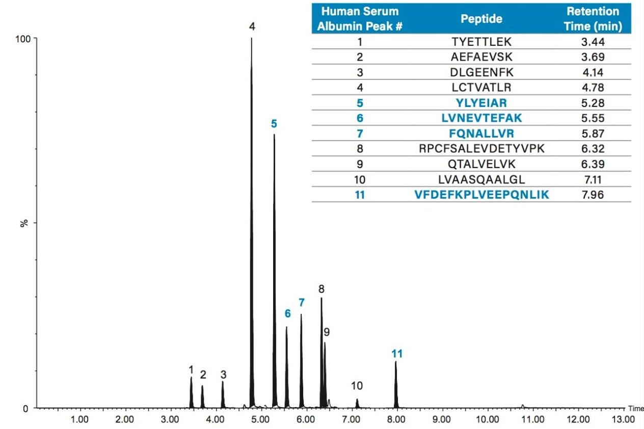 UPLC chromatographic separation of albumin tryptic peptides.