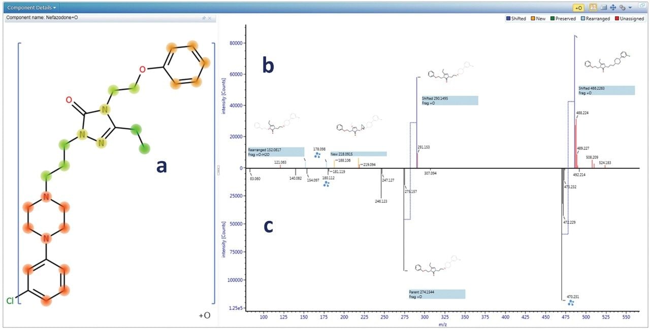 Automated metabolite localization is shown, with green highlighted region (a) showing most likely hotspot (in this example, alkyl hydroxylation on the triazolone ethyl side chain is the mostly likely site of transformation). Spectral mirror plot shows current metabolite on top (b) and parent drug on  bottom (c). Spectral peaks which are related are linked via blue dotted lines, highlighting fragment ions (+15.9949 Da mass shifts) which contain the oxygen biotransformation.