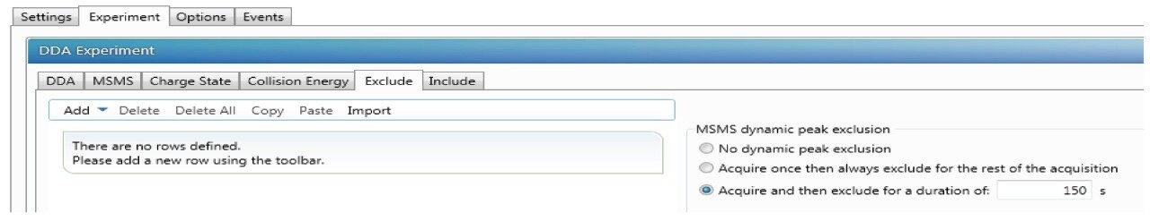Figure 3. Settings of dynamic peak exclusion and exclusion list. 