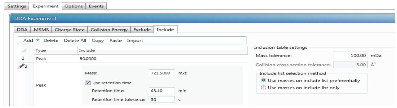 Figure 4. Settings of inclusion list. 