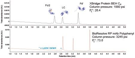 mAb Subunit Standard separated at 0.8 mL/min using an XBridge Protein BEH C4, 300Å, 3.5 µm Column and a BioResolve RP mAb Polyphenyl, 450Å, 2.7 µm Column (both 2.1 x 150 mm).