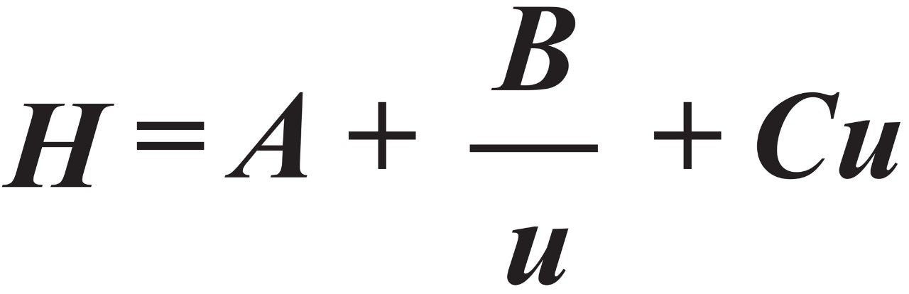 van Deemter equation, where A, B, and C  are the eddy diffusion, longitudinal diffusion, and mass transfer terms, and u is the  mobile phase velocity.