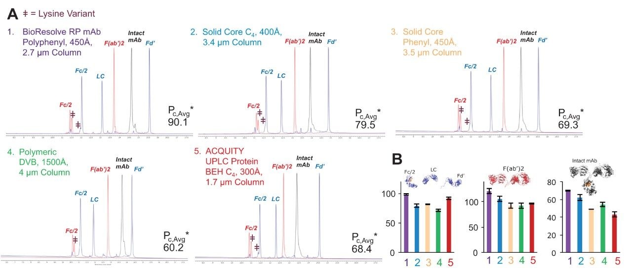 Figure 2. A) Chromatography and average effective peak capacities (n=2) of different mAb species obtained using various columns and 0.1% trifluoroacetic acid (TFA) modified mobile phase. B) TFA-effective peak capacities of NIST mAb subunits, the F(ab')2 subunit of infliximab and the Waters Intact mAb Mass Check Standard. These results were obtained with 2.1 x 50 mm columns, column temperature of 80 ˚C, flow rate of 0.2 mL/min, and 1 µg mass loads.