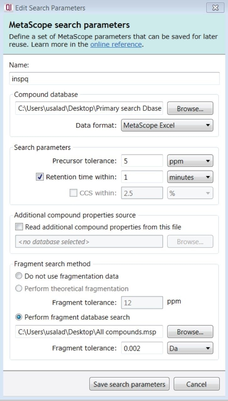 MetaScope  search parameters in Progenesis QI Software.