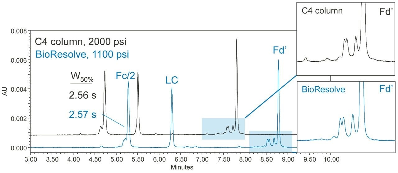 Separation of the Waters mAb Subunit Standard using a BioResolve RP mAb Polyphenyl (450 Å, 2.7 µm) Column and a leading fully porous C4 column (300 Å, 1.7 µm) with a 10 min gradient platform method. 