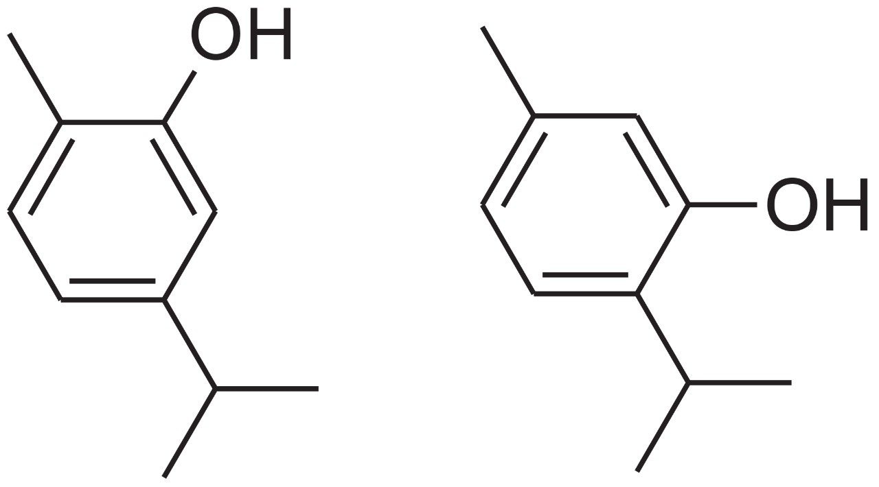 Molecular structures of the major monoterpenes in oregano, carvacrol (left), and thymol (right).