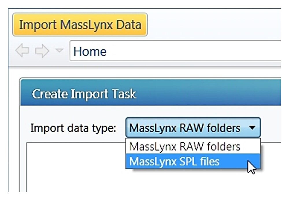 (left) Import data type choices from “Import MassLynx Data.” (right) Minimum folder structure for using “MassLynx SPL files” import data type. 