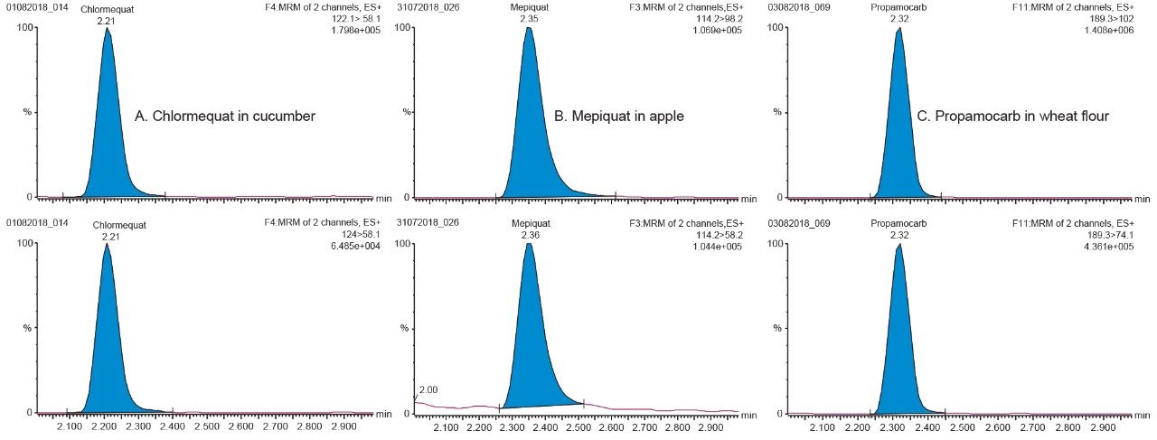 Figure 2. Example chromatograms for A. chlormequat in cucumber, B. mepiquat in apple, and C. propamocarb in wheat flour at 1.0 ng/mL in vial concentration. Excellent sensitivity for both MRM transitions for each compound was achieved with only a 0.5 µL injection volume.