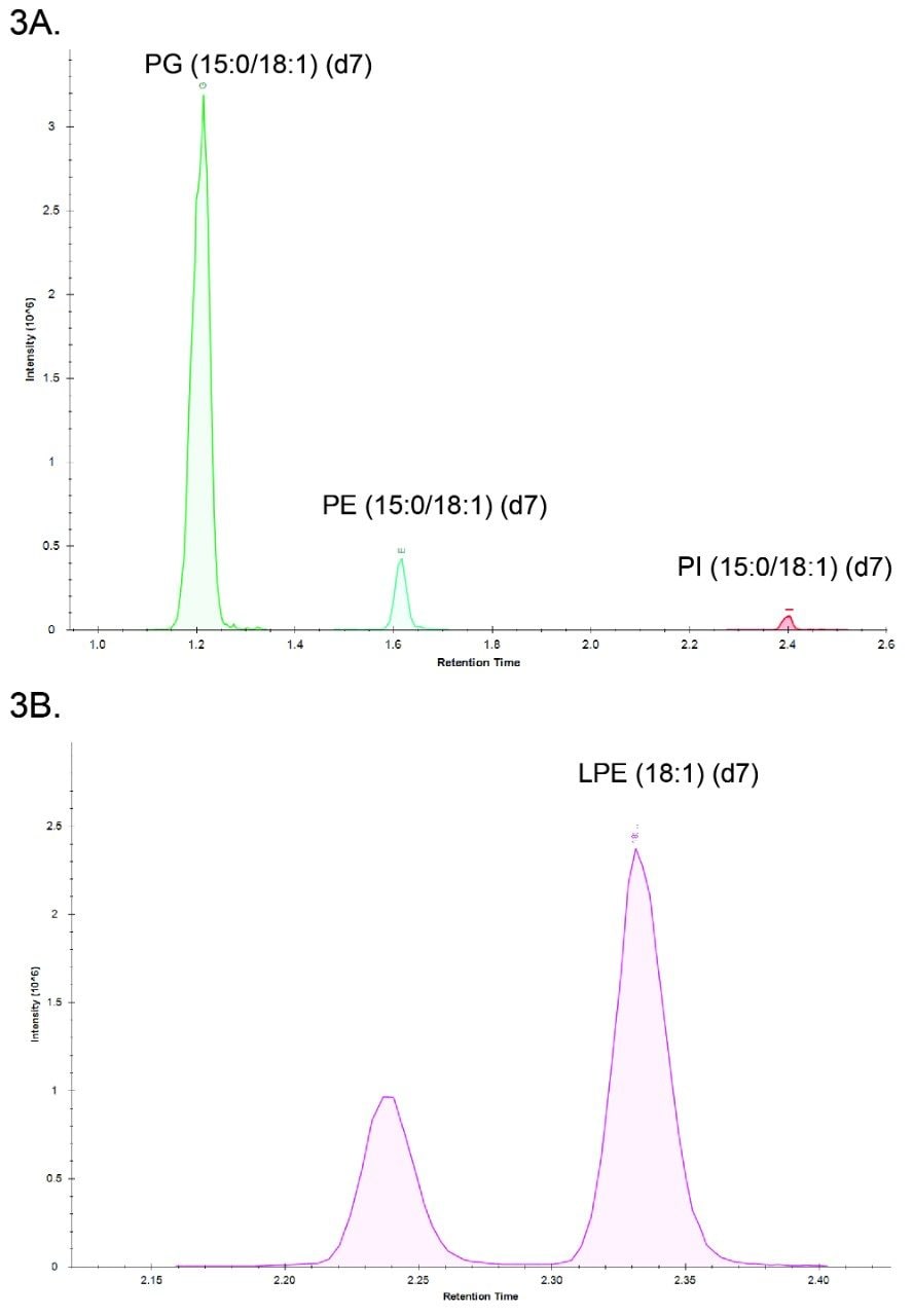 Figure 3. Chromatogram representing HILIC separation of PG, PE, and PI from the SPLASH LIPIDOMIX™ standard mixture in negative ion mode (A). LPEs are measured in positive mode (B).
