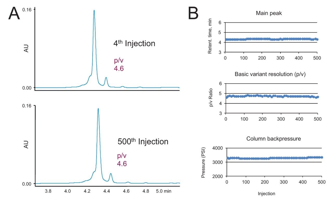 Lifetime testing of a BioResolve SCX mAb Column using a salt gradient separation. (A) UV chromatograms obtained for NIST mAb (RM 8671) with a 4.6 × 50 mm column and flow rate of 0.96 mL/min. (B) Retention time, p/v resolution, and column pressure across 500 injections. 