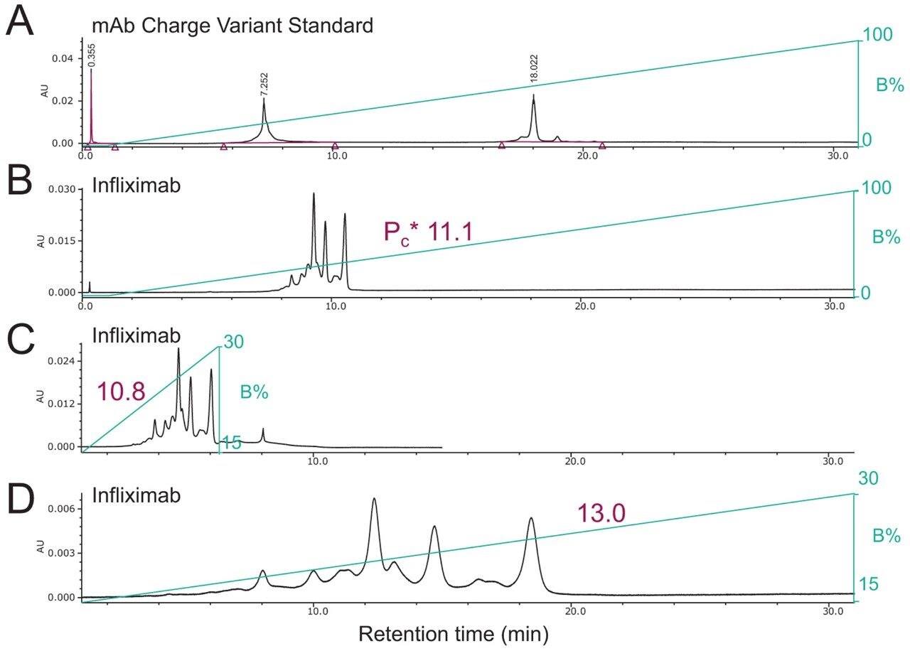 Method optimization to improve throughput or resolution for a particular mAb. Representative chromatograms  of the Waters mAb Charge Variant Standard (A) and infliximab (B) on a BioResolve SCX mAb, 3 µm, 4.6 × 50 mm Column using BioResolve CX pH Concentrates with a generic gradient of 0–100% B at a pH gradient slope of 0.17 pH unit/min, a shortened gradient at a slope of 0.17 pH unit/min (C), or a focused gradient at a slope of 0.026 pH unit/min (D) at a flow  rate of 1.00 mL/min. The chromatograms were obtained with an ACQUITY UPLC H-Class Bio System. 