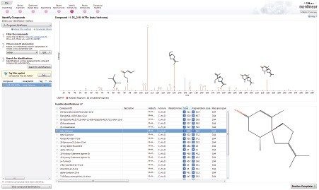 Identification of β-vetivone m/z = 219.1760 Da and RT = 11.25 min with Progenesis Metascope and Robertet in-house database.