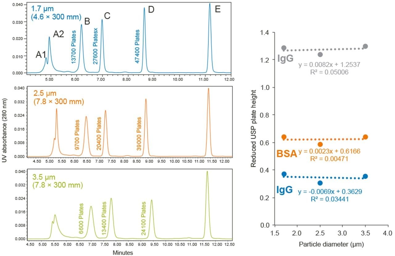 Figure 1. Shown is a comparison of the separation of standard proteins on 200 Å pore size BEH SEC particles with diameters of 1.7 µm, 2.5 µm, and 3.5 µm. Sample loads and flow rates were proportional to column I.D. The 5σec LC system dispersion volume was 17.6 µL for the 1.7 µm column and 38.8 µL for the 2.5 µm and 3.5 µm columns. Peak identifications (shown in top left chromatogram) are: thyroglobulin dimer (A1, 1.32 kDa), thyroglobulin monomer (A2, 660 kDa), IgG (B, 150 kDa), BSA (C, 66 kDa), myoglobin (D, 17 kDa), and uracil (E, 112 kDa). Mobile phase was 20 mM sodium phosphate, 400 mM NaCl, pH 7.2.  Plate counts for specified peaks are based on USP tangent method and reduced plate count is determined by dividing the plate height (column length divided by plate count) by the particle diameter.